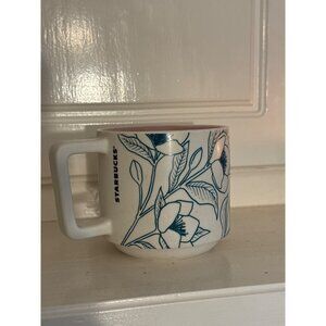 2019 Starbucks 14 Oz White Ceramic Mug Blue Floral Design Pink Interior Spring
